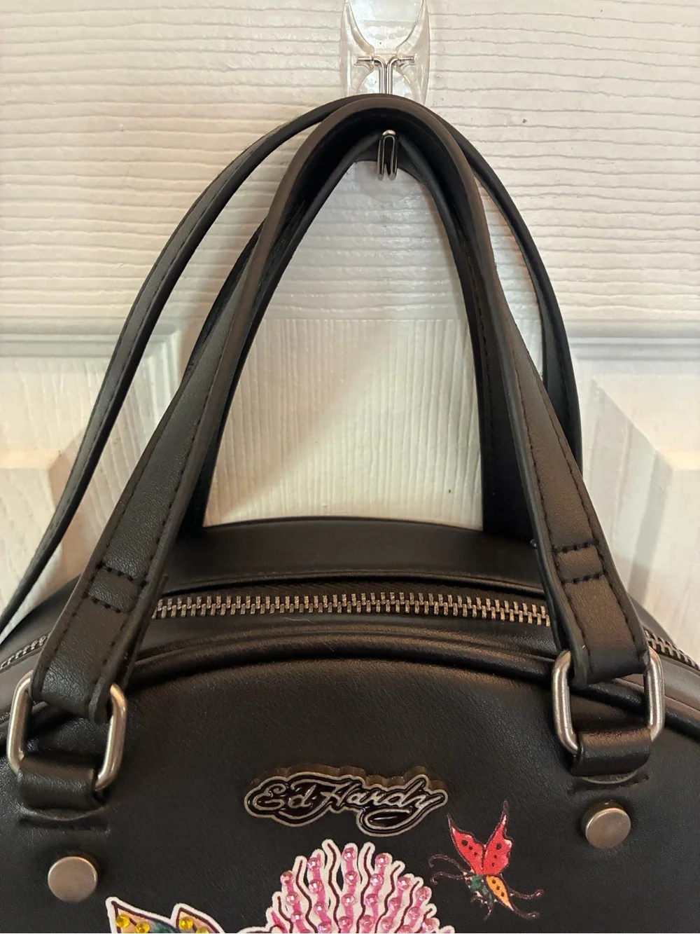 Ed Hardy Black Dome Satchel Tiger & Floral Tattoo Print Bowler Bag Y2K